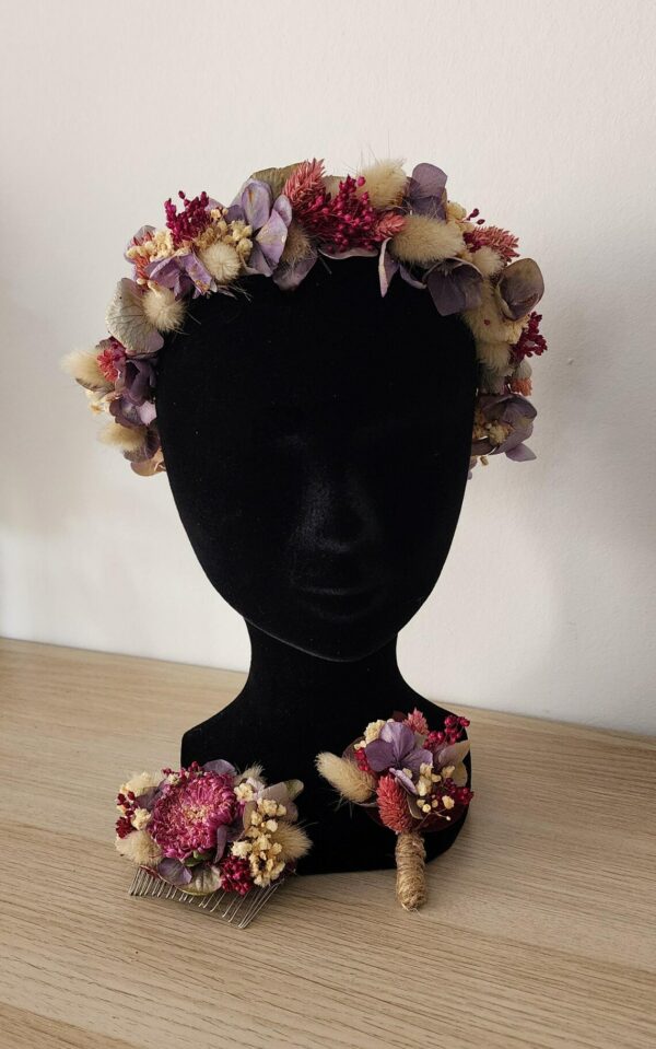 Couronne Cheveux, Boutonnière et Peigne en Fleurs Séchées