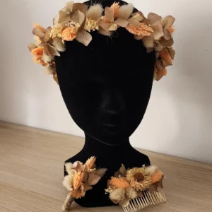 Couronne Cheveux, Boutonnière et Peigne en Fleurs Séchées