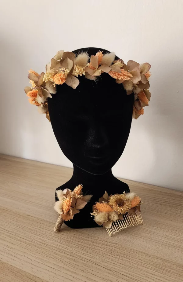 Couronne Cheveux, Boutonnière et Peigne en Fleurs Séchées
