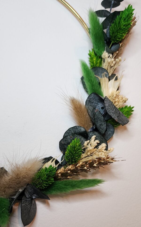 Couronne en fleurs séchées – Vert, Blanc & Doré – Image 2