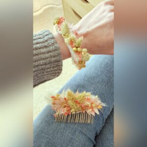 Ensemble Peigne et Bracelet en Fleurs Séchées - Teintes Roses et Naturelles avec Touche de Blanc