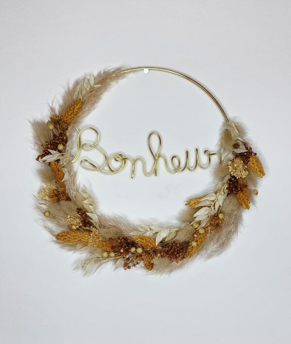 Couronne « Bonheur » en fleurs séchées – Décoration murale naturelle et poétique