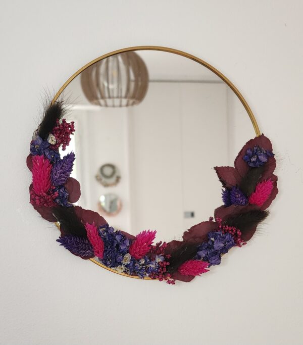 Miroir fleuri – Teintes bordeaux, violet profond & rose fuchsia
